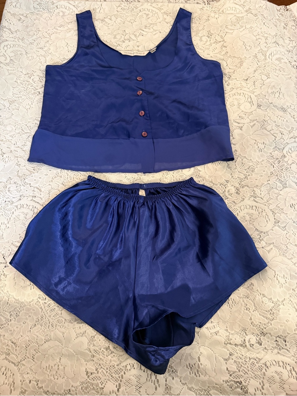 Vintage Heart Label Victoria's Secret Satin Tank & Shorts Set in Deep Blue